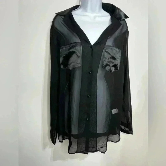 Local European Oversized Long Sleeve Sheer Button Down Blouse In Black Size S - Picture 2 of 7